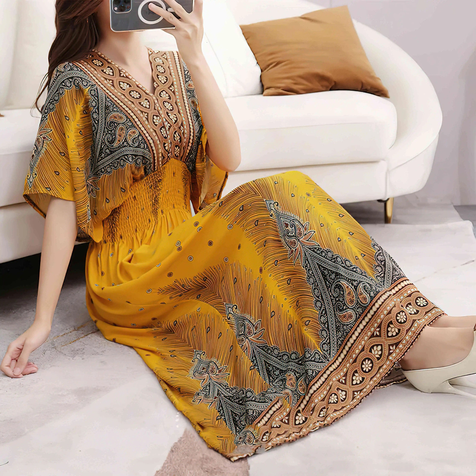 Spring Casual Elegant Retro Bohemian Style V-neck Elastic Waist Large Swing Printed Long Skirt Autumn Summer Dress 250122