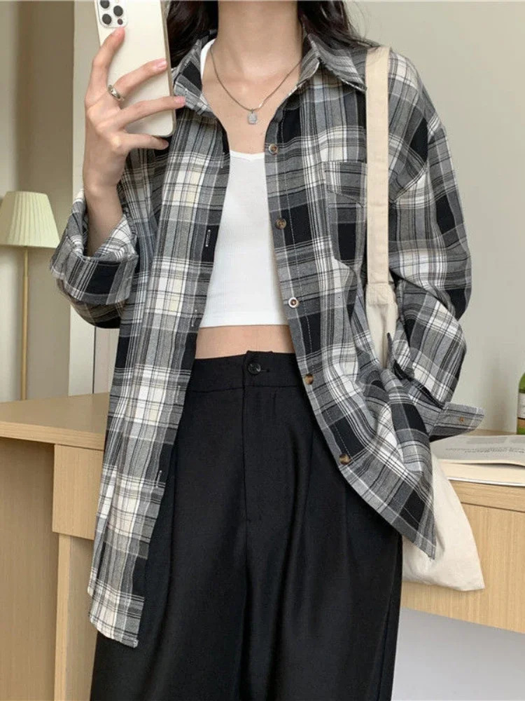 Casual Long Sleeves Autumn Blouse Korean Mid Length Loose Women Winter Plaid Shirt Female Fashion Turn Down Collar Tops 250121