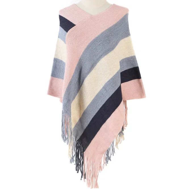 Autumn Winter Knitted Pullover Cloak Shawl Womens Fashion Stripe European American Womens Scarf Girl Outdoor Pink 250121