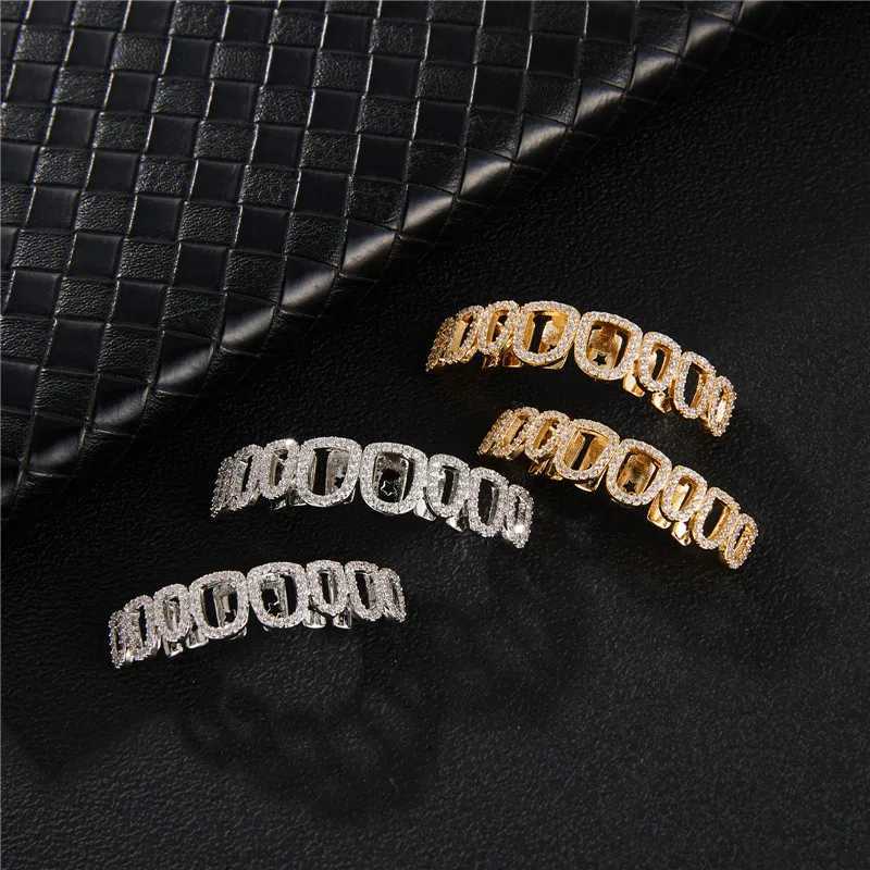 RACHELZ Hip Hop Full Iced Out CZ Stone Tooth Caps Braces For Women Men Hollow Teeth Grillz Jewelry Top Bottom Dental GrillsXJ250114