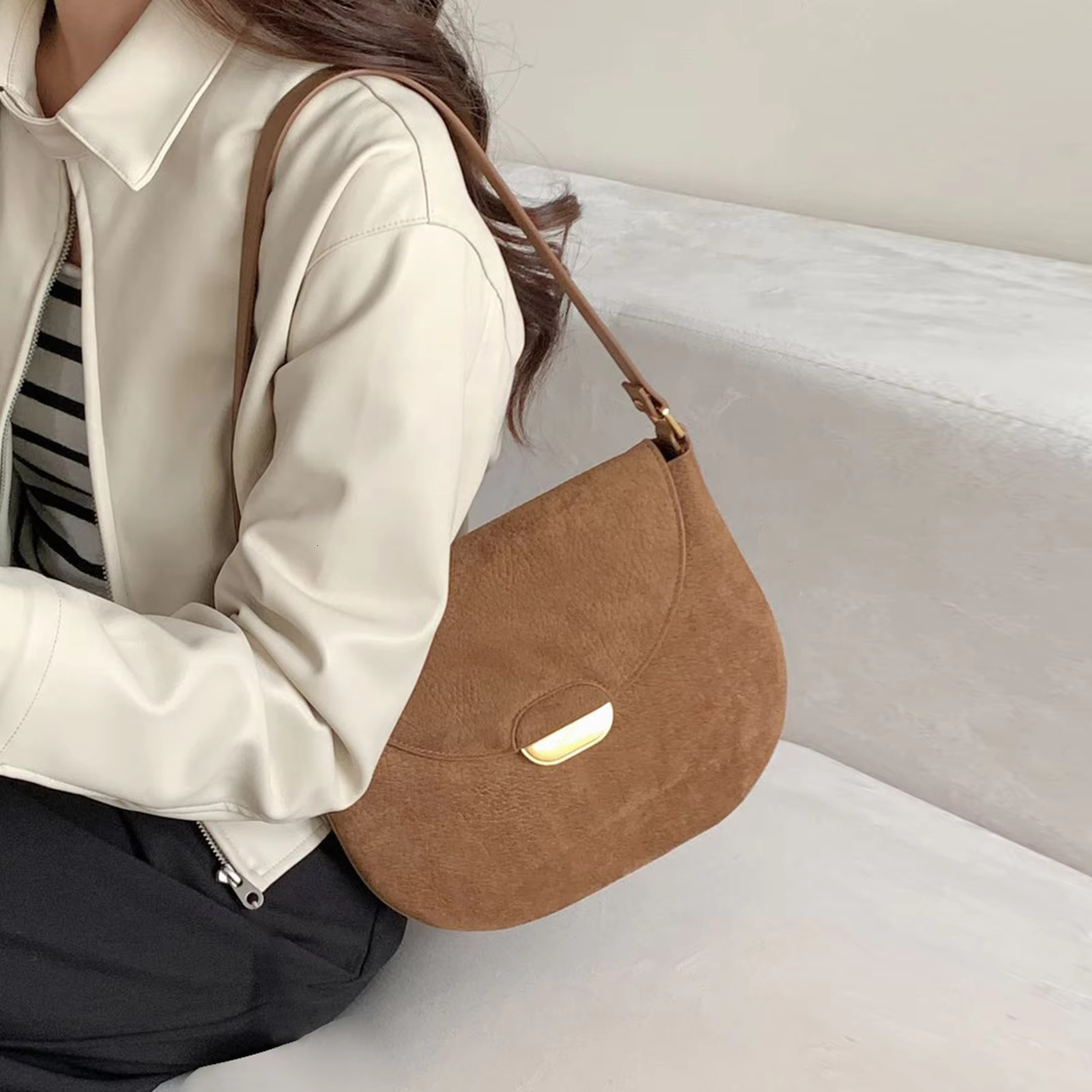 2025Autumn Elegant Stylish Saddle Flap Green Suede Cow Leather Women Crossbody Shoulder Bag Special Pouch