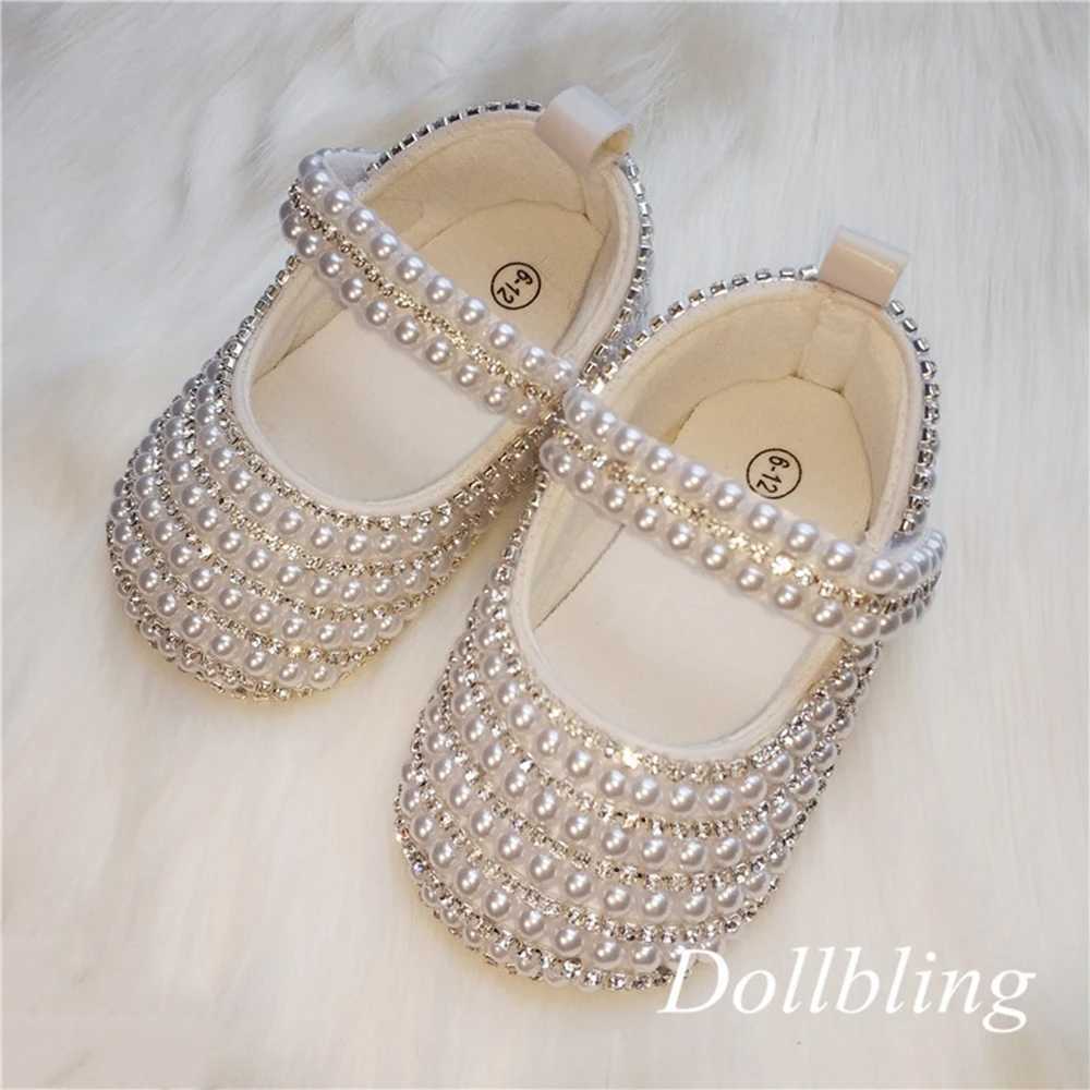 Baby Princess Girl Non white Pearl Ordinary Rhinestone Comfortable Soft Cotton Hook and Loop Toddler Baby Bed Shoes X2503221