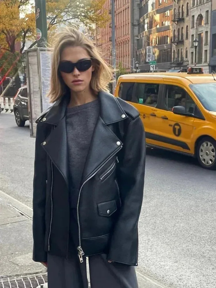 Chic Lapel Collar Leather Zipper Womens Jacket Casual Long Sleeved Vintage Outerwear Autumn Solid Color Female Streetwear 250122