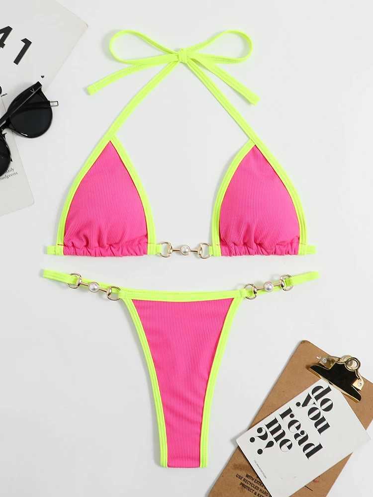 Circyy Bikini Set Women Sexy Halter Swimwear Lace Up Spliced Split Swimsuit Summer 2025 Solid Beachwear Two-piece Bathing SuitXJ250120