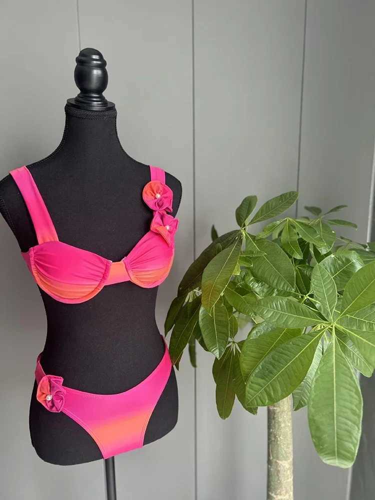 OIINAA Bathing Suit Women Sexy 3D Floral Bikini Suit Pearl Swimwear Two-piece Tie Dye Swimsuit 2024 Thong Split Beachwear SummerXJ250120