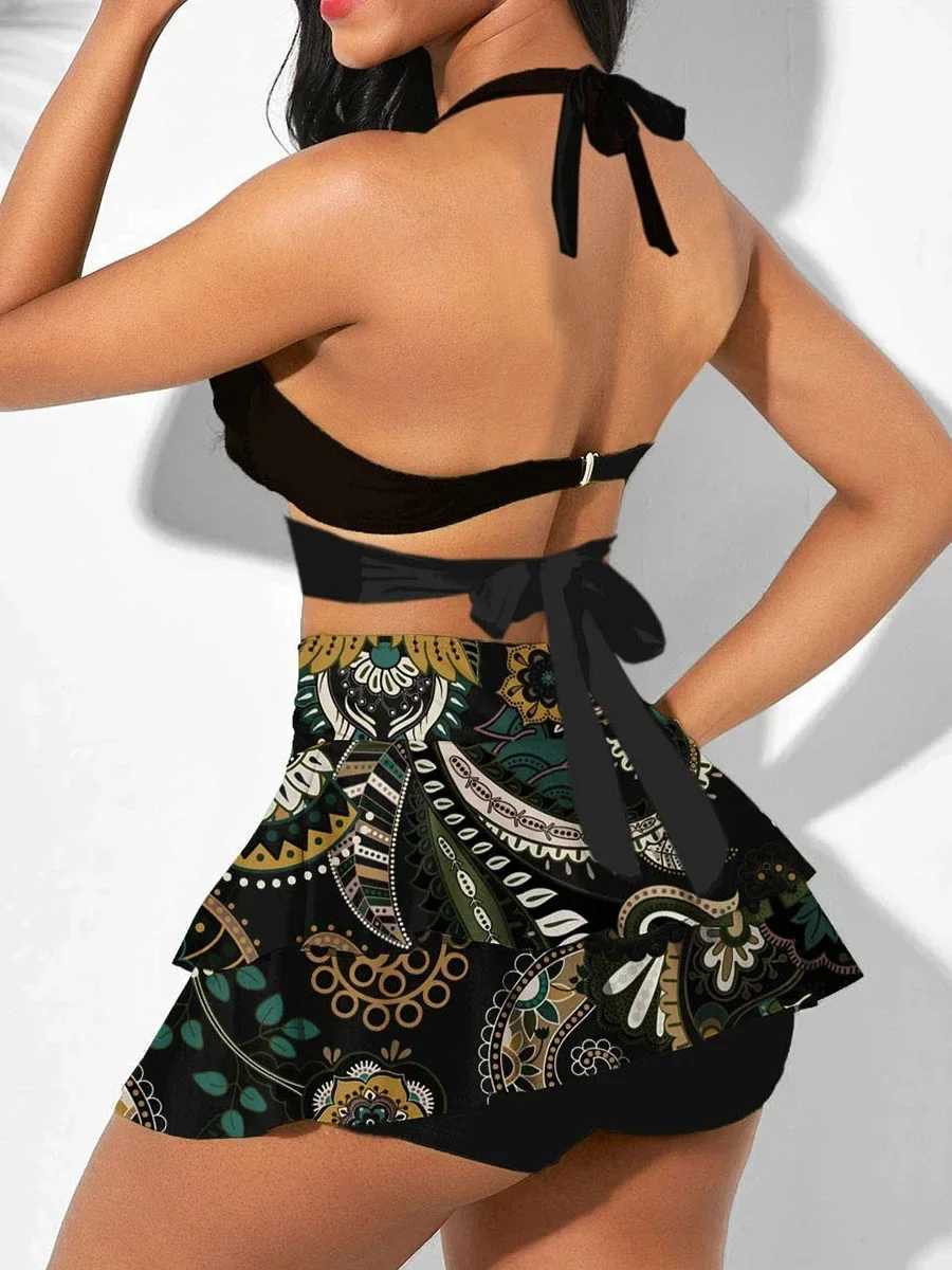 Printed Swimsuit Dress 2024 Push Up Bikini Women High Waist Swimwear Fe Padded Bather Bathing Suit Swimming Beachwear SummerXJ250120