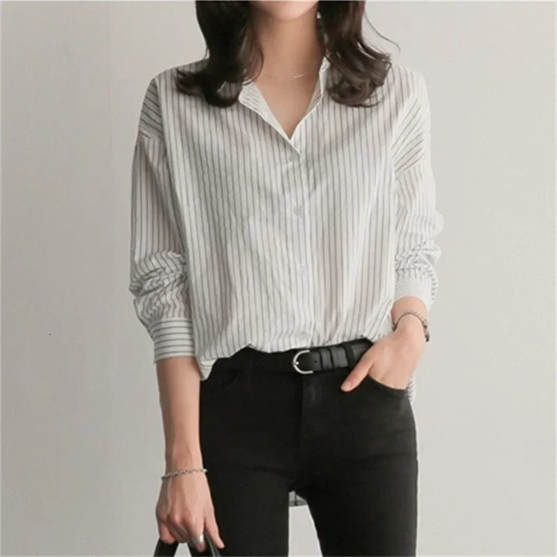 Women Shirt Stripes Blouse Lady Loose Long Sleeve Oversized Shirt Casual Spring Autumn Female Street Shirts 250122