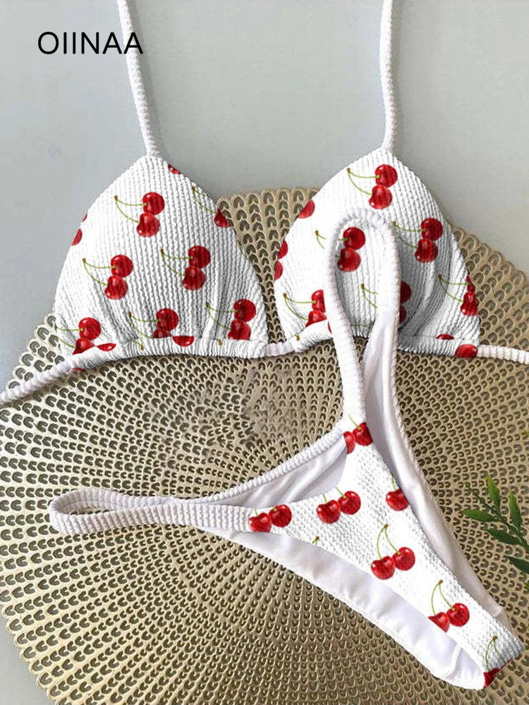 OIINAA cherry Print Bikini Set Women Swimsuit Two-pieces Beachwear Summer 2025 Fashion Swimwear Bathing Suit Vacation Beachwear 250122