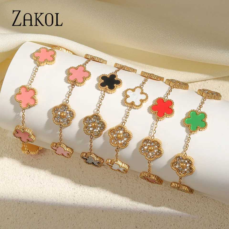 ZAKOL Lucky Five Leaf Flower Adjustable Bracelet Crystal Plant Stainless Steel Wens Hand Jewelry Gold Plated Bracelets X250129