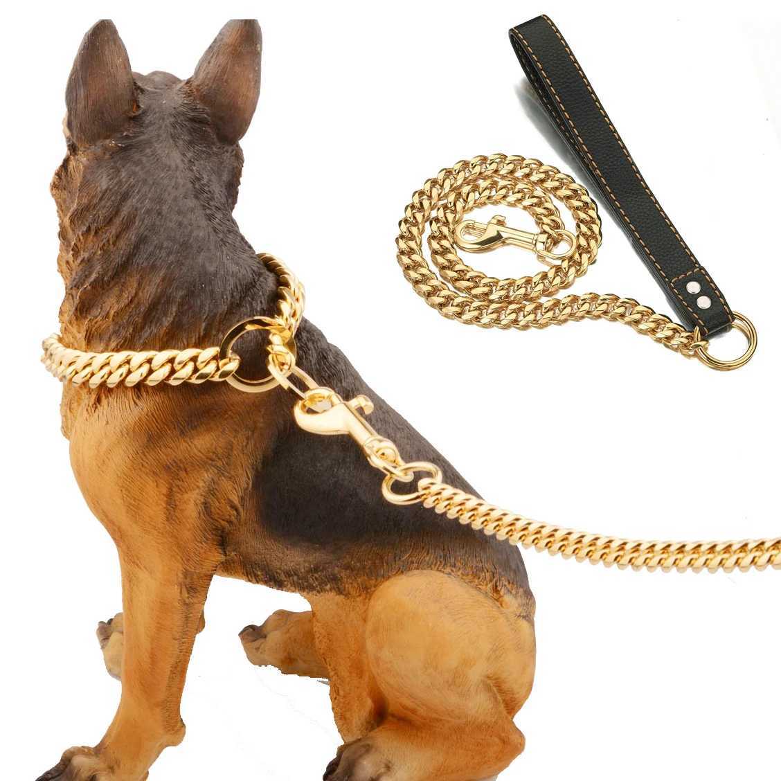 Luxury 18K Gold Dog Chain Leash with Genuine Leather Handle Strong Stainless Steel Miami Cuban Link Pet Leash for Large Dogs X250129
