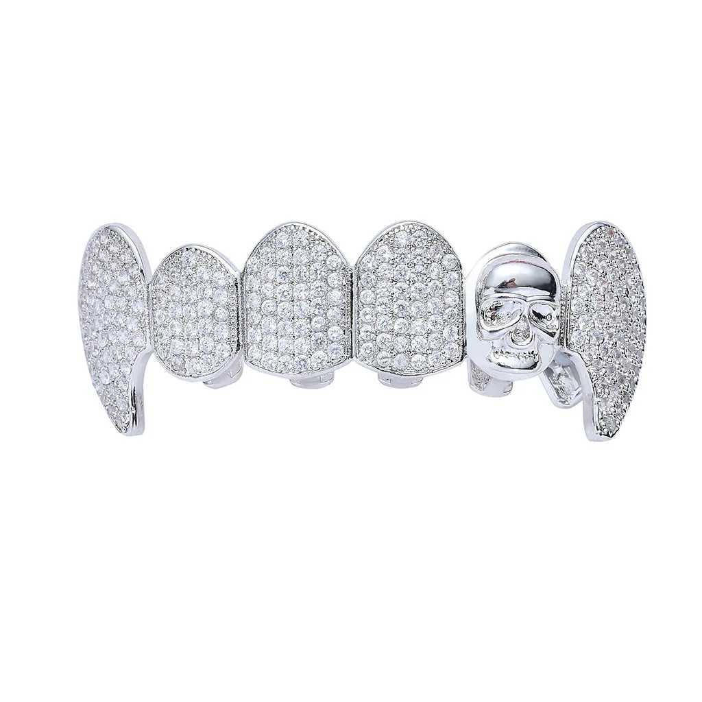 Hip Hop Teeth Grillz Skull Shape Gold Plated Dental Grills Rock Tooth Grillz Caps Crystal Teeth Caps Halloween Vampire ToothXJ250114