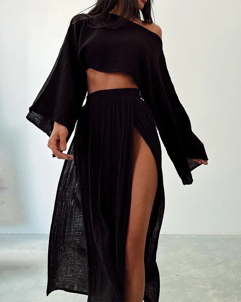 Skirts Two Piece Sets Fashion Women Bohe Mujer Style Loose Crop Top And Slit Maxi Skirts Maching Suits Cotton And Linen Set 250113
