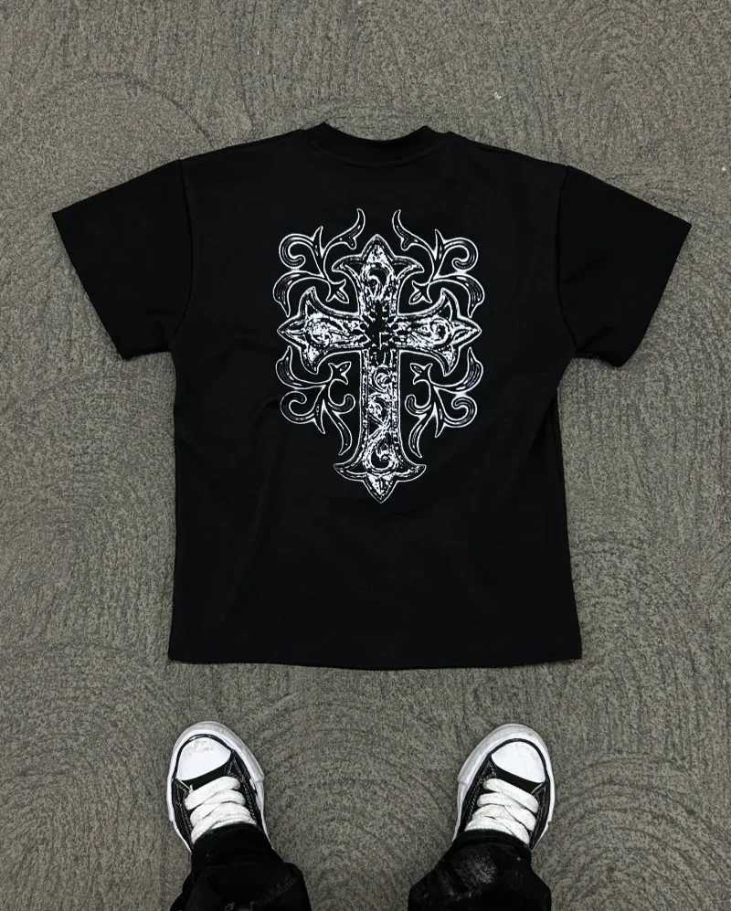 Europe and the United States fashion retro black shirt men y2k street top Harajuku high street couple casual oversized T-shirtXJ250117