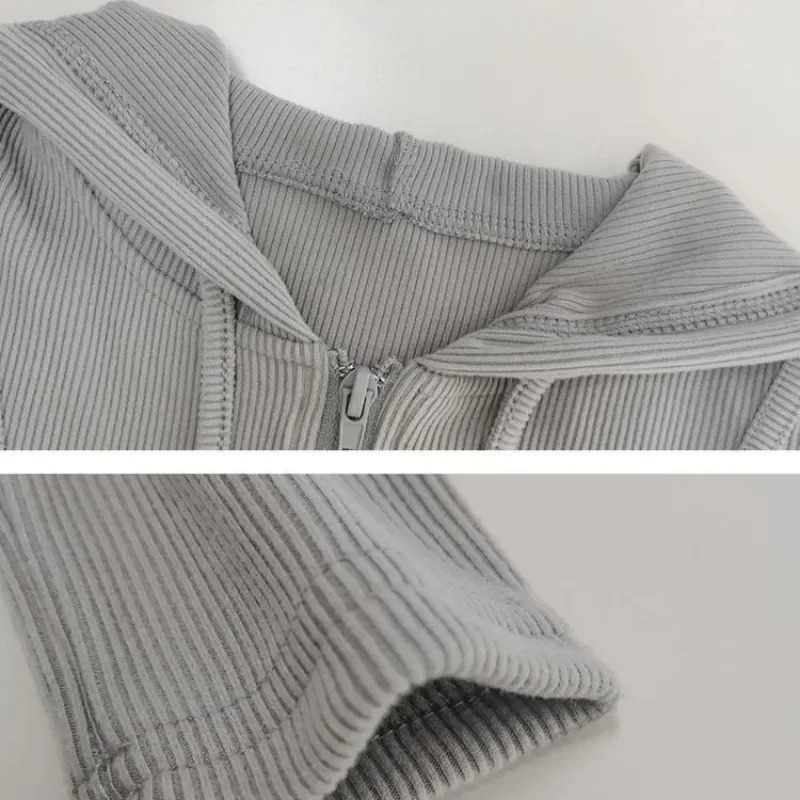 Thin Hooded Cardigan Women Vintage Slim Solid Sports Jacket Vertical Pit Stripe Zipper Female Sexy Korean Cropped Tops 250122
