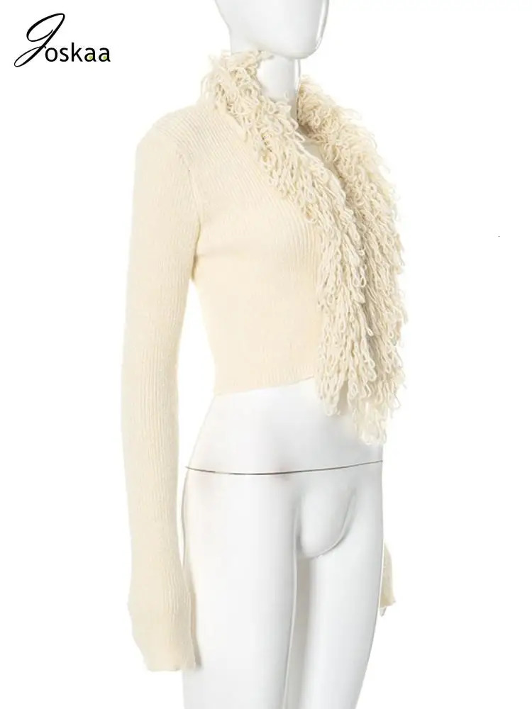Joskaa Fashion Tassel Collar Knitted Cardigan Women Hipster V-Neck Full Sleeve Crop Sweater Coats Winter Outwear Y2K Streetwear 250122