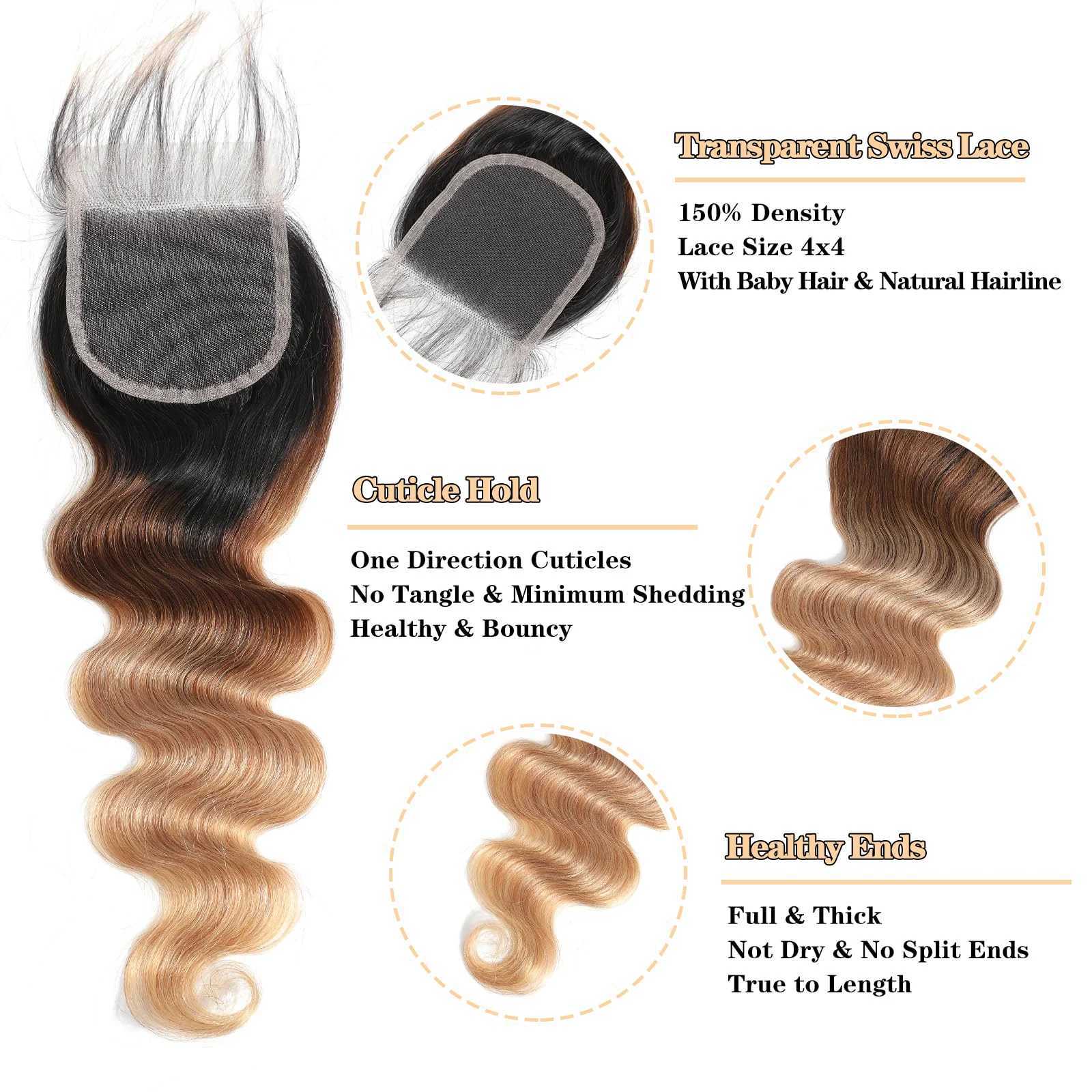 Ombre Color Body Wave Human Hair Bundles with clo Brazilian human hair 1b/4/27 Hair Weave Bundles human Hair ExtensionXJ250120