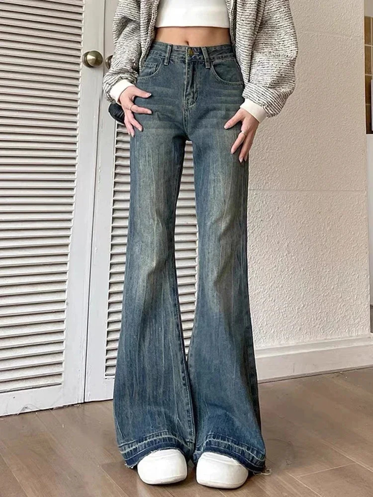 Winter Fashion Slim Fit Casual Retro Blue Womens Jeans American YK2 Unique Office Pocket Basic Women Flare Pants 250108