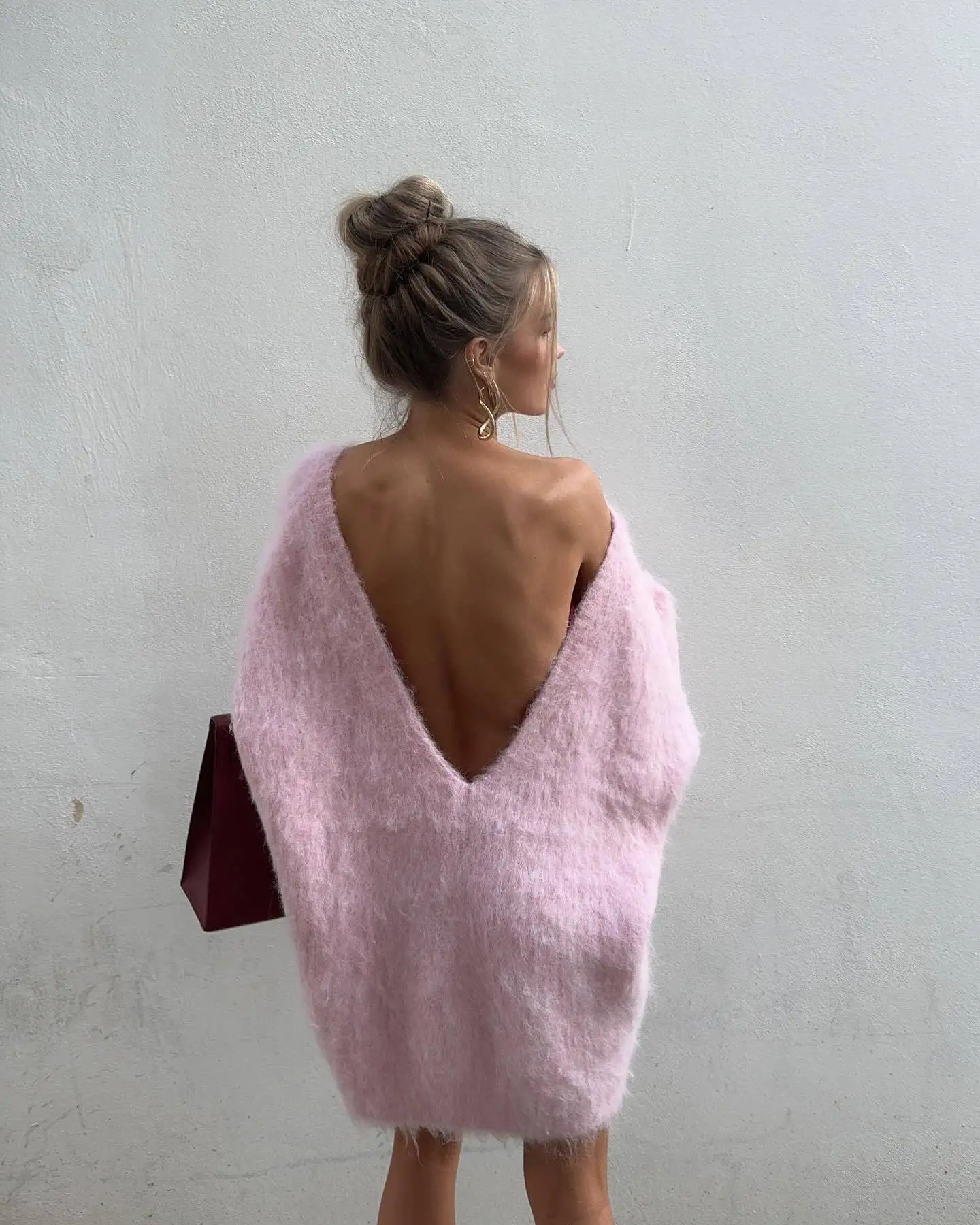 Female Street Pullover Sweater Women Sexy Mohair Pink Backless Sweater Elegant O-neck Long Lantern Sleeves Loose Knitwear 250118