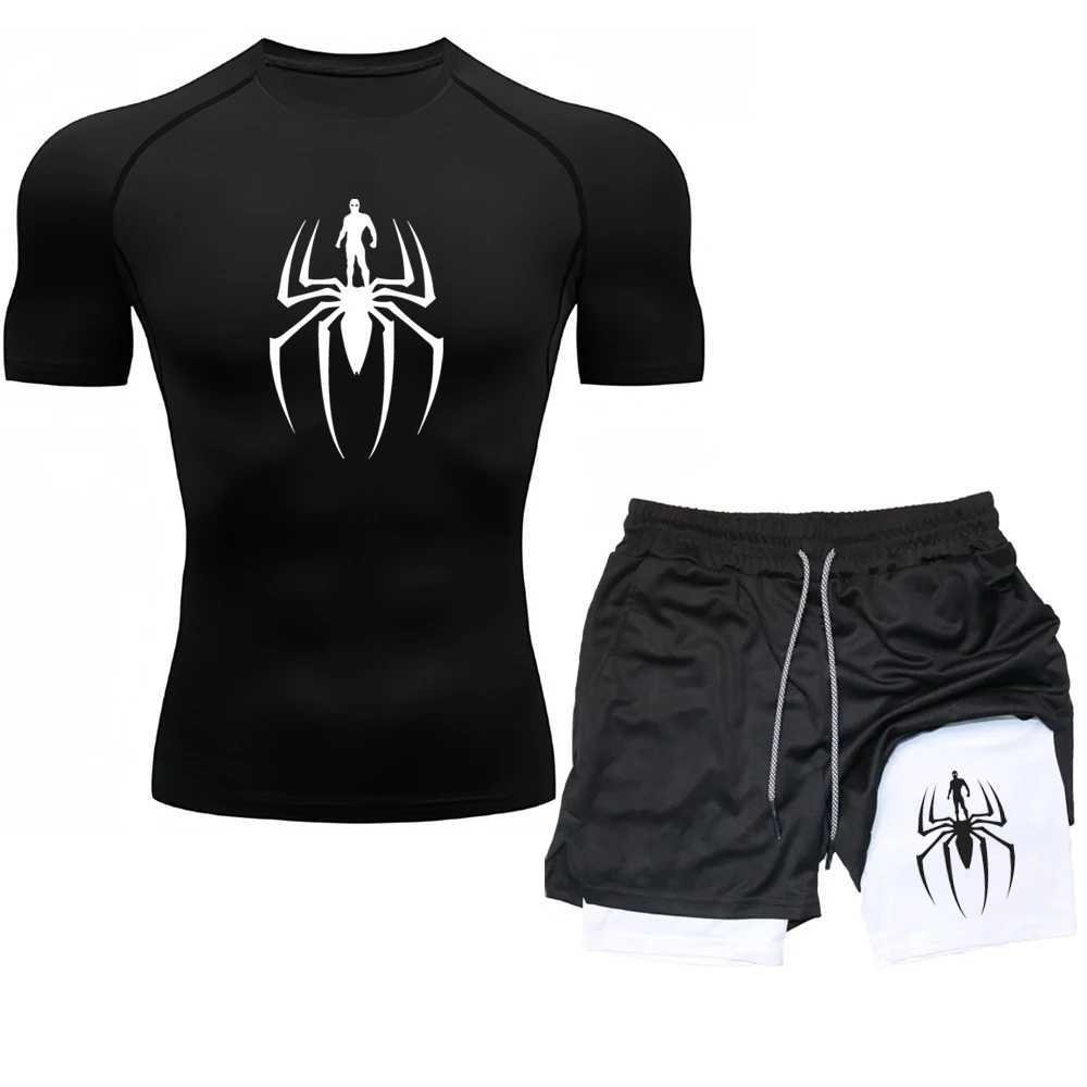 Mens Compression Training Sportswear Sports Fitness Quick-drying Tight Short-sleeved Anime Double-layer Shorts Summer Suit S-3XL X250129