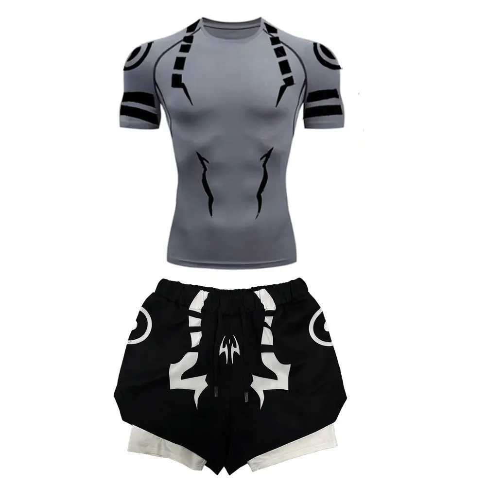 Mens Compression Set Anime Jujutsu Kaisen Printed Summer Gym Compression Shirts+Workout Shorts Breathable Quick Dry Sports Set X250129