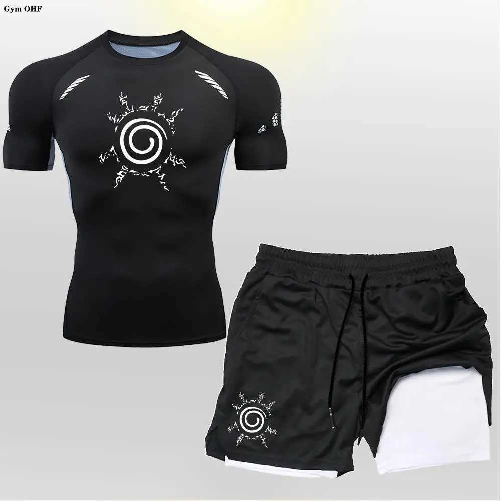 Anime compression shirt mens 2-in-1 shorts fitness gym exercise MMA Rashguard Jujutsu runner training clothing set X250129