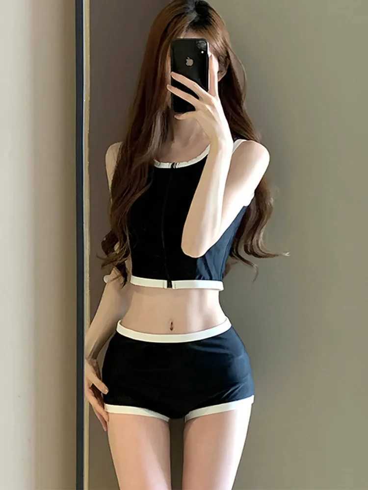OIINAA Bikini Set Women Vest Shorts Swimsuit Spliced Zipper Two-Piece Fashion Fe Swimwear Bathing Holiday Simple BeachwearXJ250120