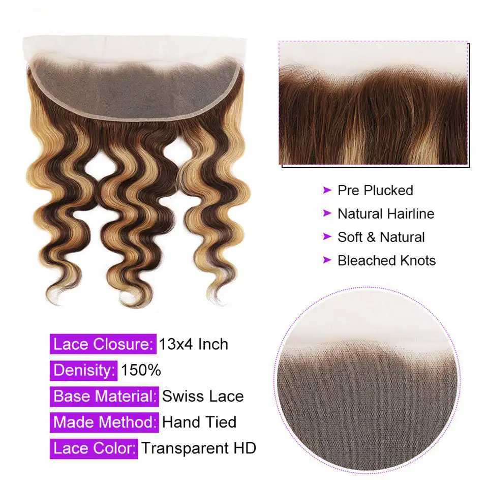 #4/27 Bundle With Frontal Body Wave Honey Blonde Ombre Human Hair 3 Bundles With 13x4 HD Lace Frontal Highlight Colored BundlesXJ250120