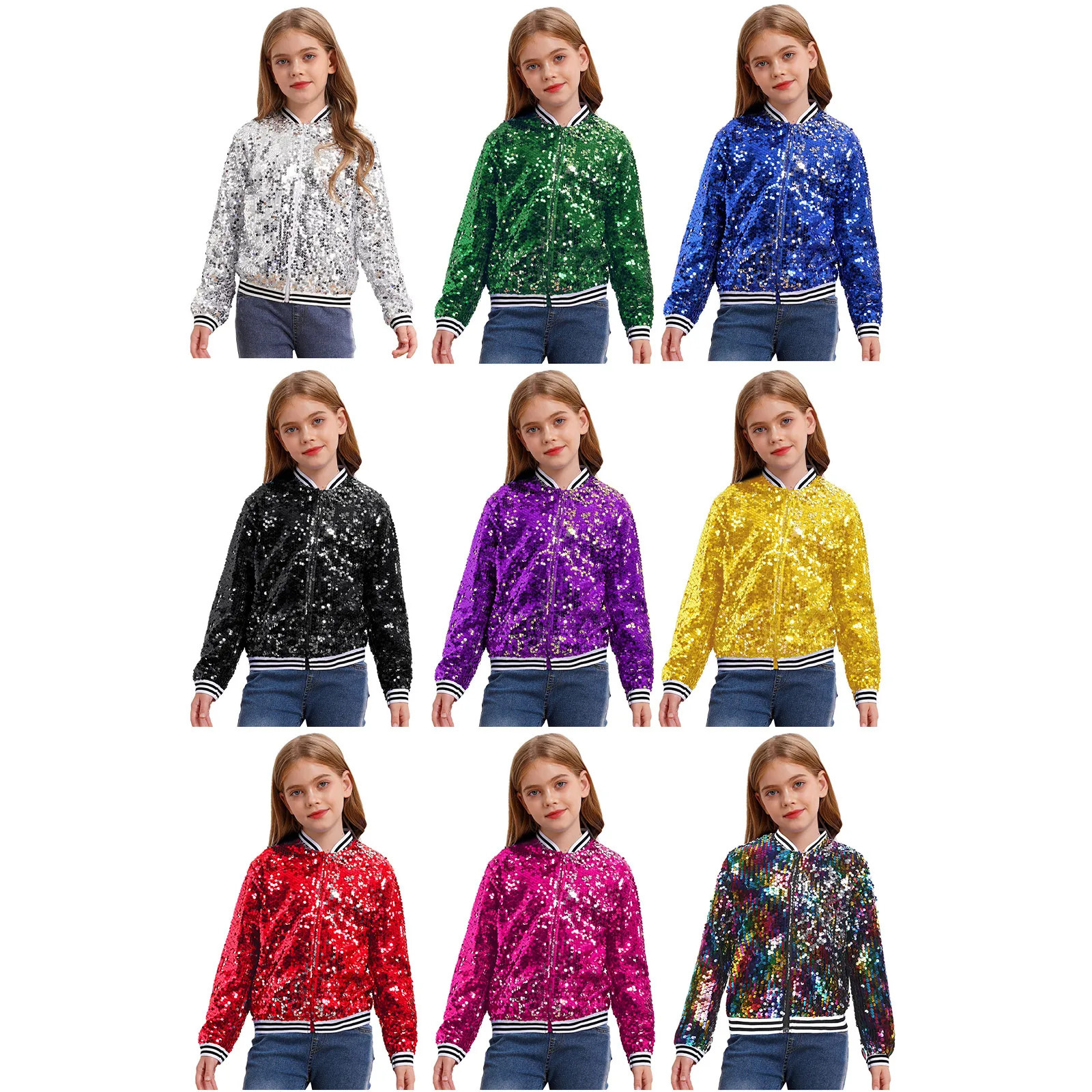 Kids Girls Shiny Sequins Jacket Baseball Coat Long Sleeve Front Zip Up Striped Trim Outerwear Jazz Modern Dancing Party Jackets 250113