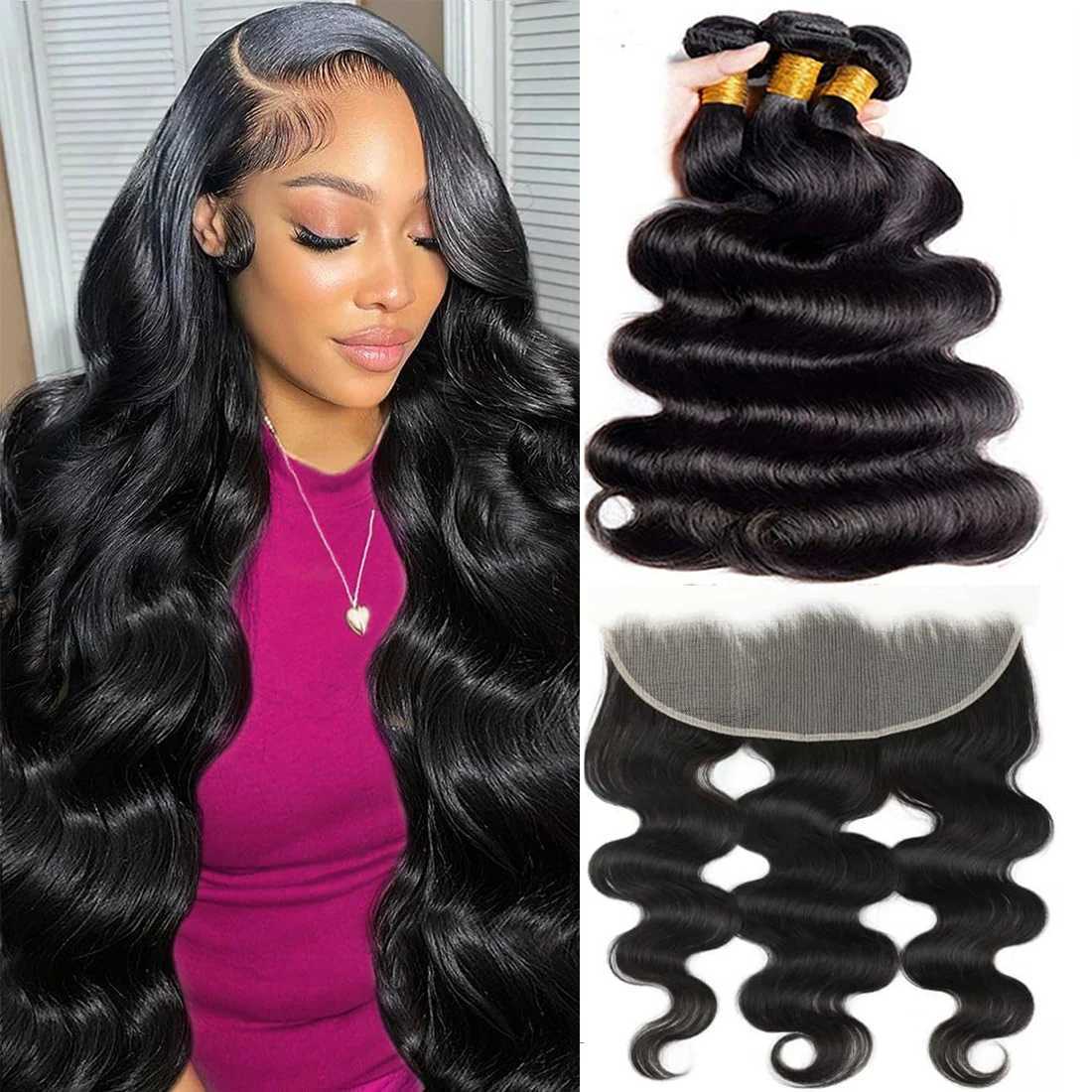 Body Wave Human Hair Bundles With Frontal 100% Unprocessed Brazilian Virgin Real Human Hair 3 Bundles with 13x4 HD Lace FrontalXJ250120