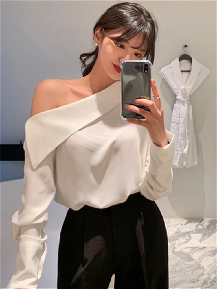 Colorfaith Elegant Office Korean Style Lady One Shoulder Sexy Wild Women Spring Summer Cold Blouses Shirts Tops BL8179 250121
