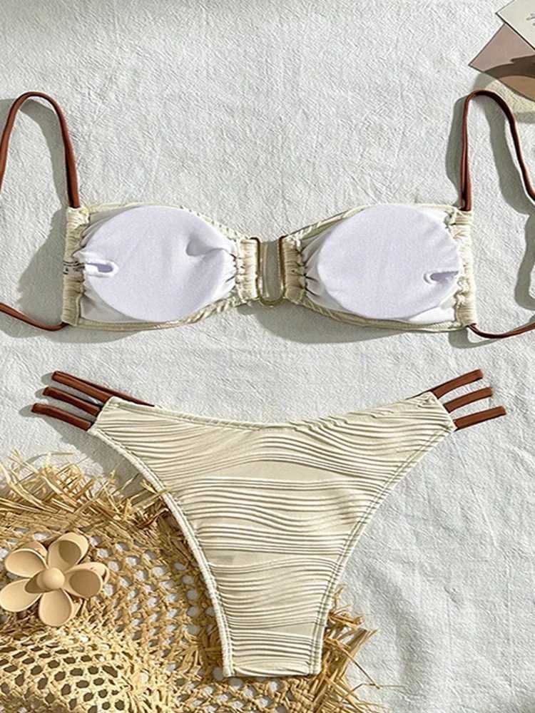 Sexy Solid Pleat Lace Up Bikinis 2 Piece Set Women Split Swimsuit High Waist Beach Bikinis 2025 New Summer Swimwear Bikinis SetXJ250120