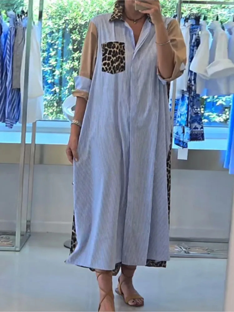 Fashion Lapel Long Sleeve Single Breasted Shirt Dress Women Autumn Elegant Pocket Splicing Striped Leopard Print Dresses Female 250113