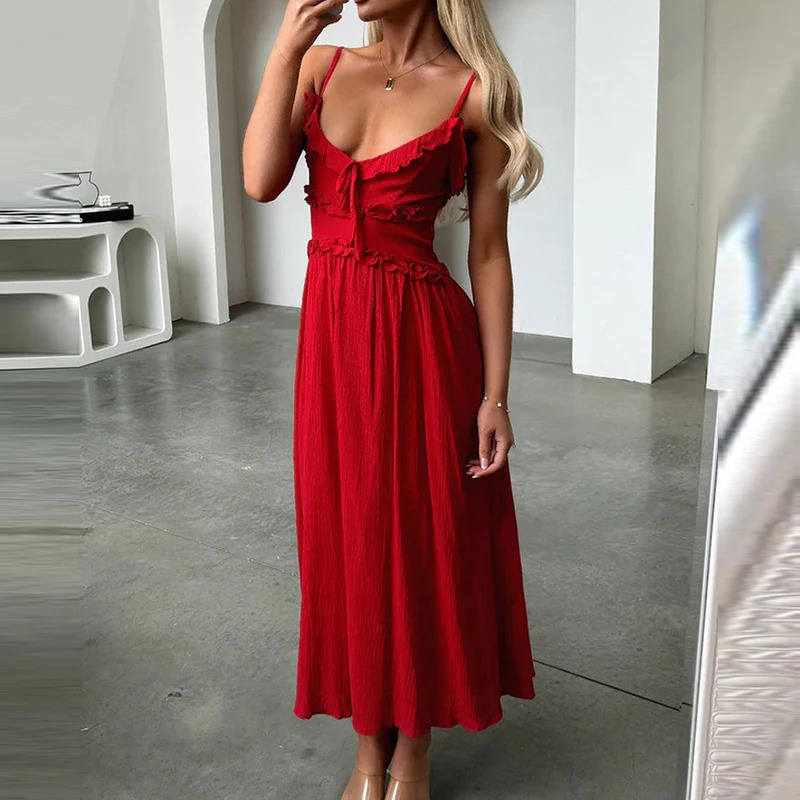 V Neck Ruffle Suspender Long Dresses Sexy Hollow Out Sleeveless Pleated Beach Dress Simple Solid Color Womens Holiday Dress 250113