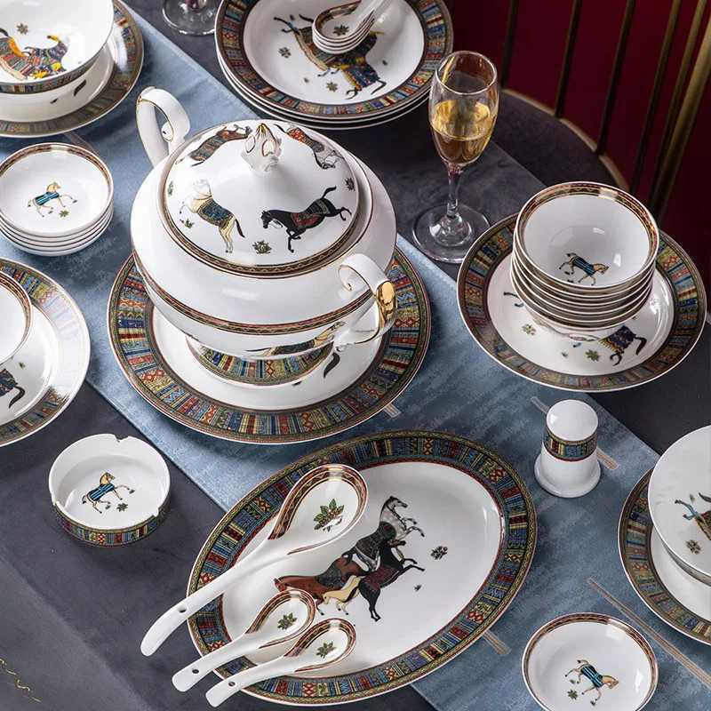 Ceramic Steak Plate Soup Dish Spoon Bowl Porcelain Luxury European Food Kitchen Tableware Set Wedding Gift Present 8/10 Inches X250129