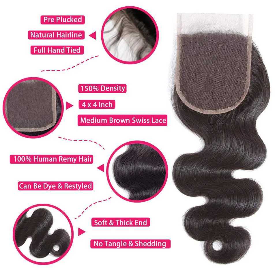 Luduna Body Wave Bundles With Clo Brazilian Hair Bundles With Clo Human Hair Clo With Bundle Remy Hair ExtensionsXJ250120