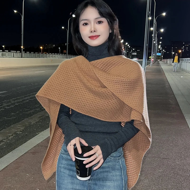 Wool Knitted Korean Edition Internet Celebrity Shawl Autumn/Winter Warm Solid Color Hollow Scarf Fashion Cloak High end Coat 250120