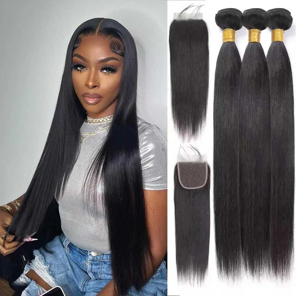 Straight Bundles and Clo Brazilian Human Hair 3 Bundles with 4x4 HD Clo Pre Plucked Natural Black Bundles with CloXJ250120