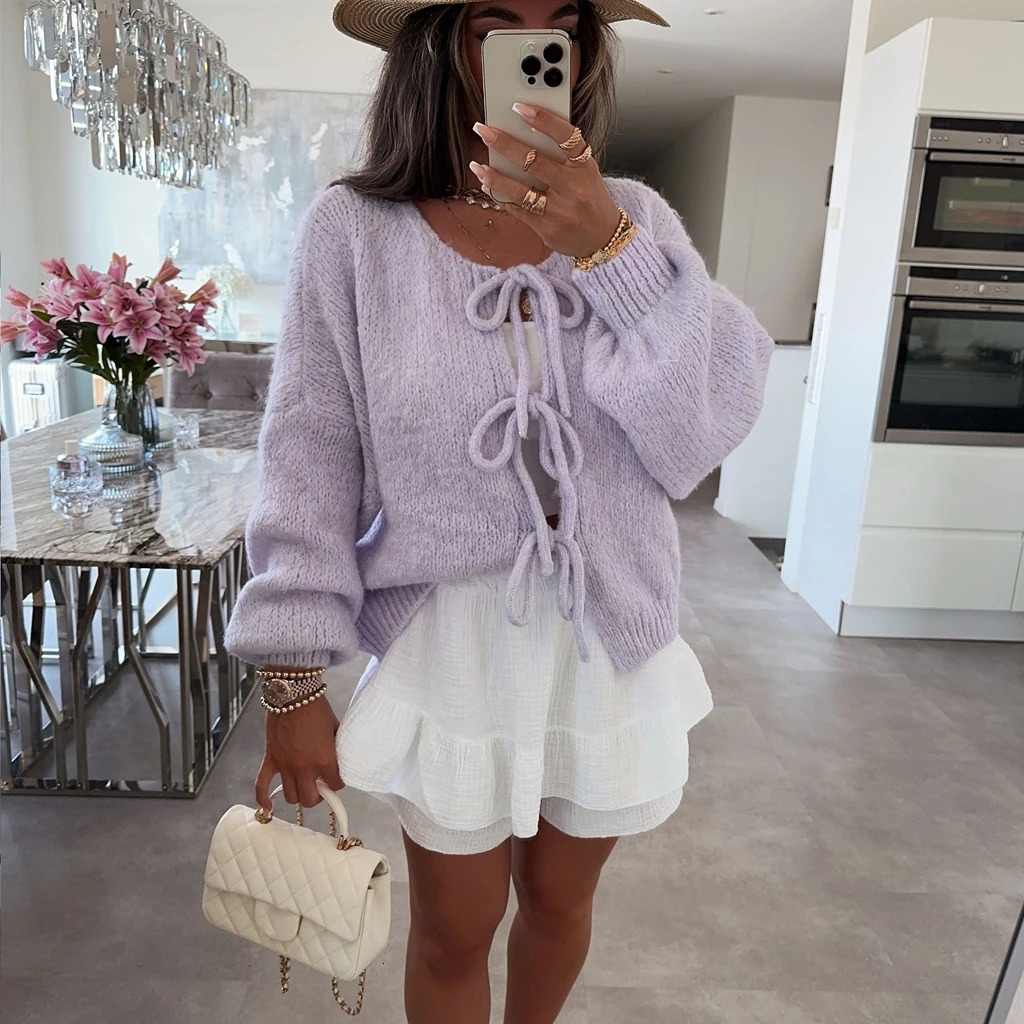 Combhasaki Womens Y2K Sweaters Solid Color Front Tieup Hollow Out Round Neck Long Sleeve Cardigan Tops Warm Knitwear Streetwear 250109Z