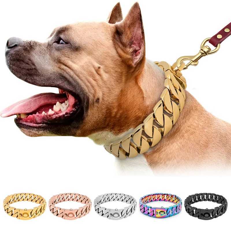 Strong Gold Cuban Chain Dogs Collar Stainless Steel 32mm Large Dog Collar Choke Personized Collar Strap for Medium Large Dogs X250129