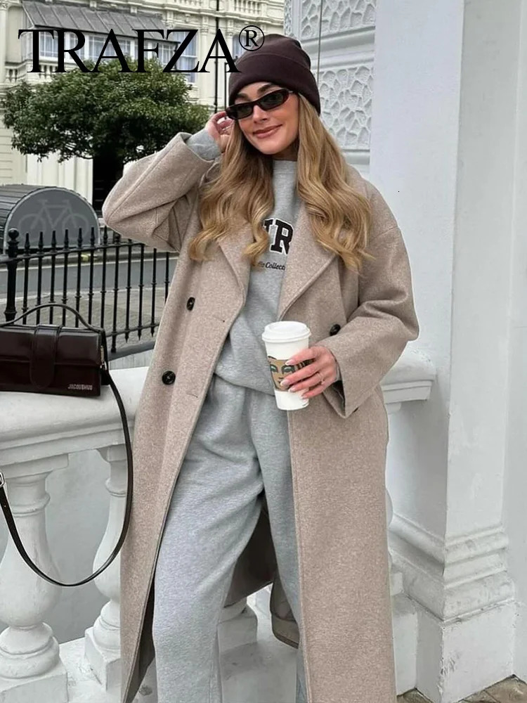 TRAFZA Women Winter Casual Wool Blend Notched Lapel Collar Coat Chic Doublebreasted Trench Coats Oversized Female Long Jackets 250110