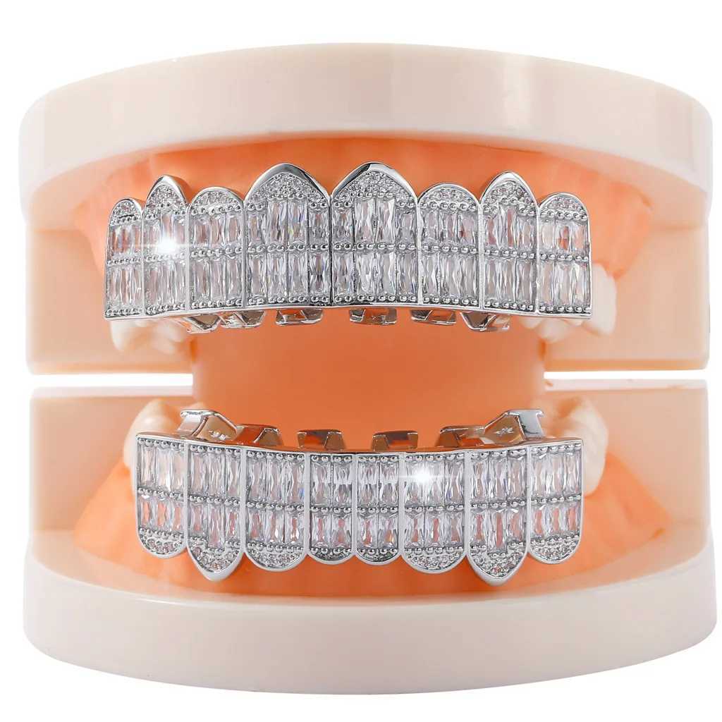1 Set Baguette Stones Iced Out CZ Teeth Grillz Caps Cubic Zircon Top Bottom Charm Grills For Men Women Hip Hop JewelryXJ250114