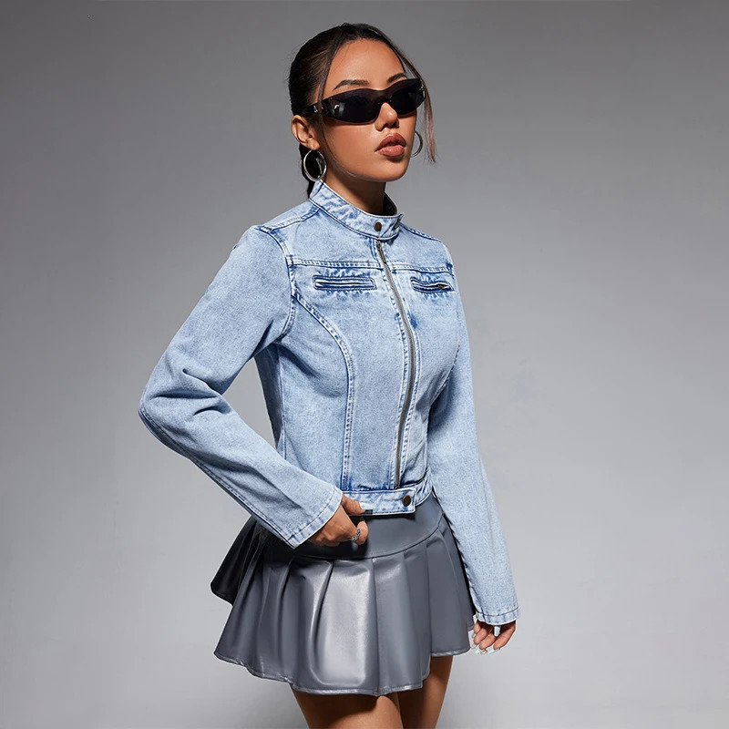 Autumn Women Denim Coat Stand Collar Patchwork Zipper Slim Fit Jean Jacket High Waist Short Fashion Ladies Tops 250122