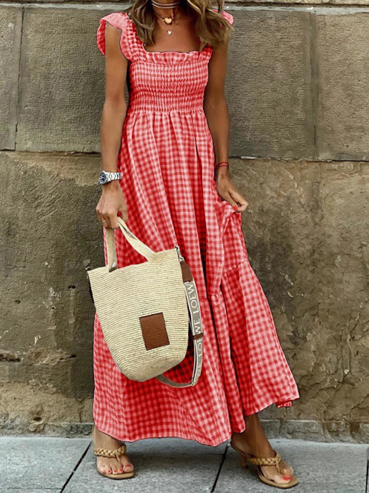 Elegant Plaid Slip Maxi Long Dress Summer Women Strapless Ruffle Backless Pleated Elastic Waist Boho Party Swing Loose Dresses 250113