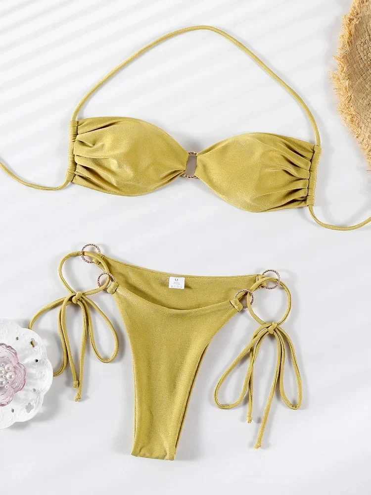 Bathing Suit Women Metal Ring Sexy Bikini Set Strapless Beachwear Summer Lace Up Two-pieces Swimwear BiquinisXJ250120