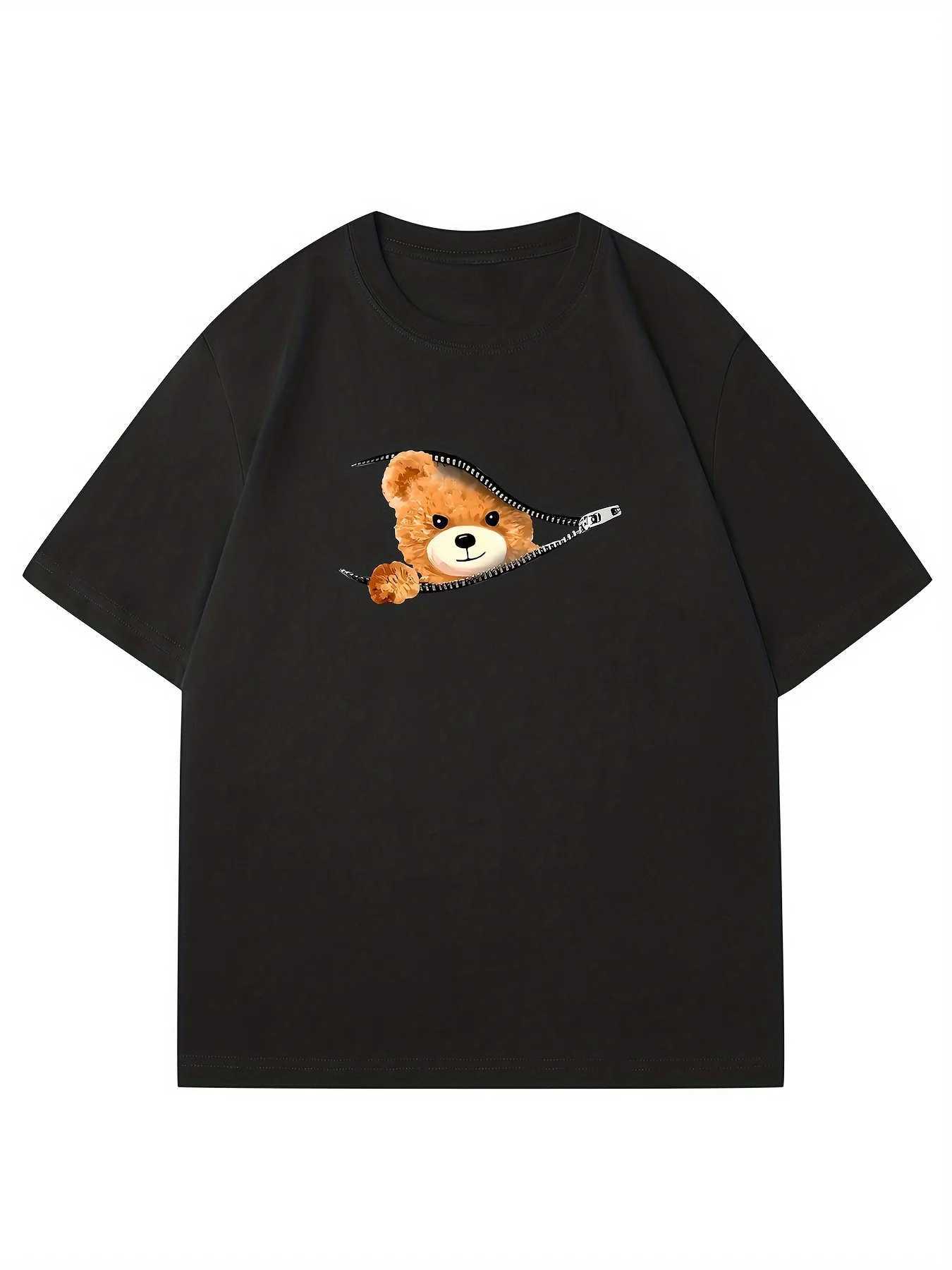 summer loose fitting casual Stylish Bear Pattern print round neck short sleeved T-shirt topXJ250117