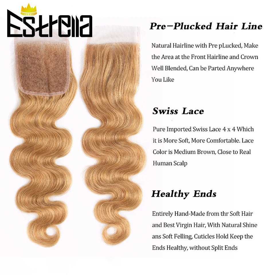 Body Wave Human Hair Bundles With Clo Malaysia 3 Hair Bundles With Honey Blond Lace Clo Swiss Lace Remy Hair ExtensionsXJ250120