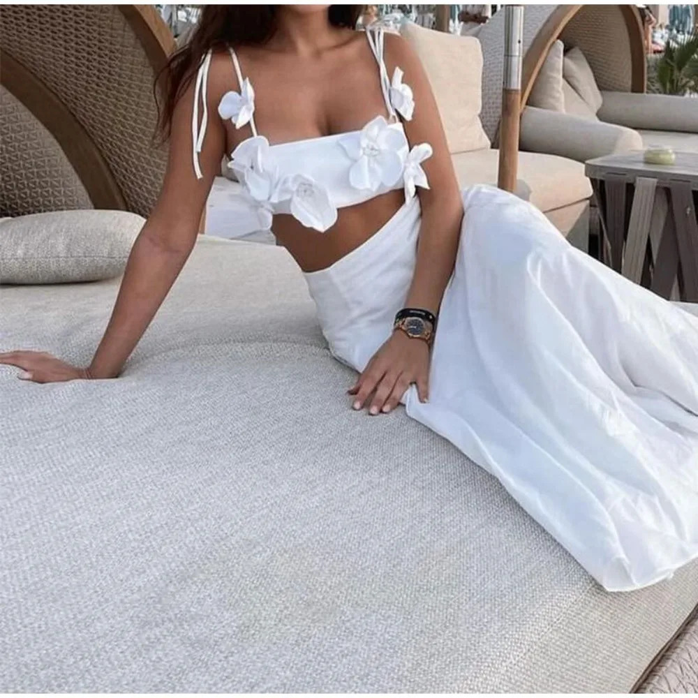 Casual 3D Flower Spaghetti Strap Top Lace-up V-Neck Camisole Sleeveless Sexy Crop Tops for Women 250116