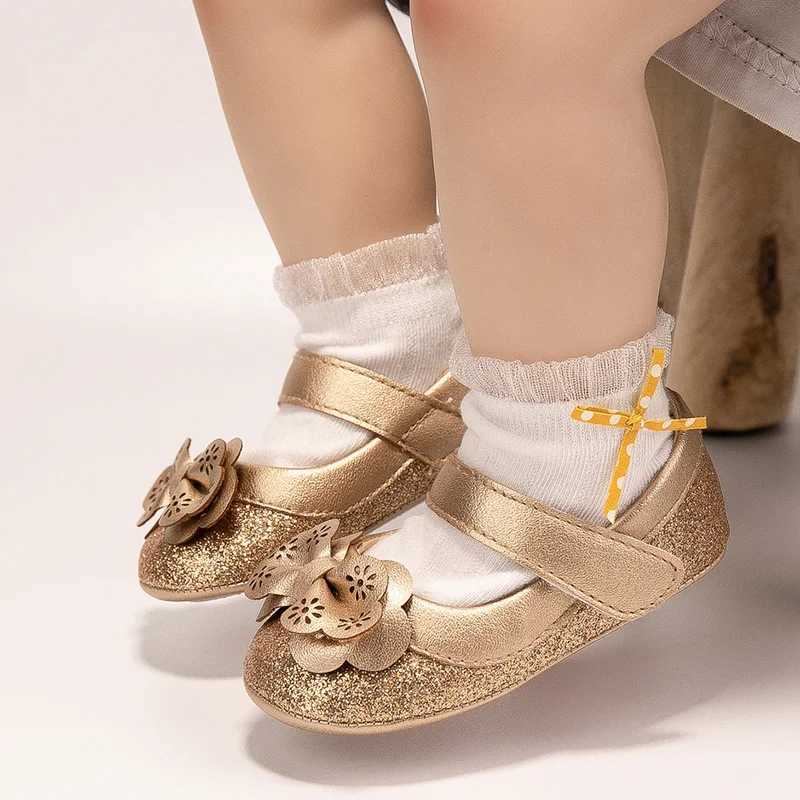 New Baby Girl Shoes Flower Gold Sparkling Bowknot Toddler Rubber Sole Anti-slip First Walkers Infant Newborn Baby Princess shoes X250129