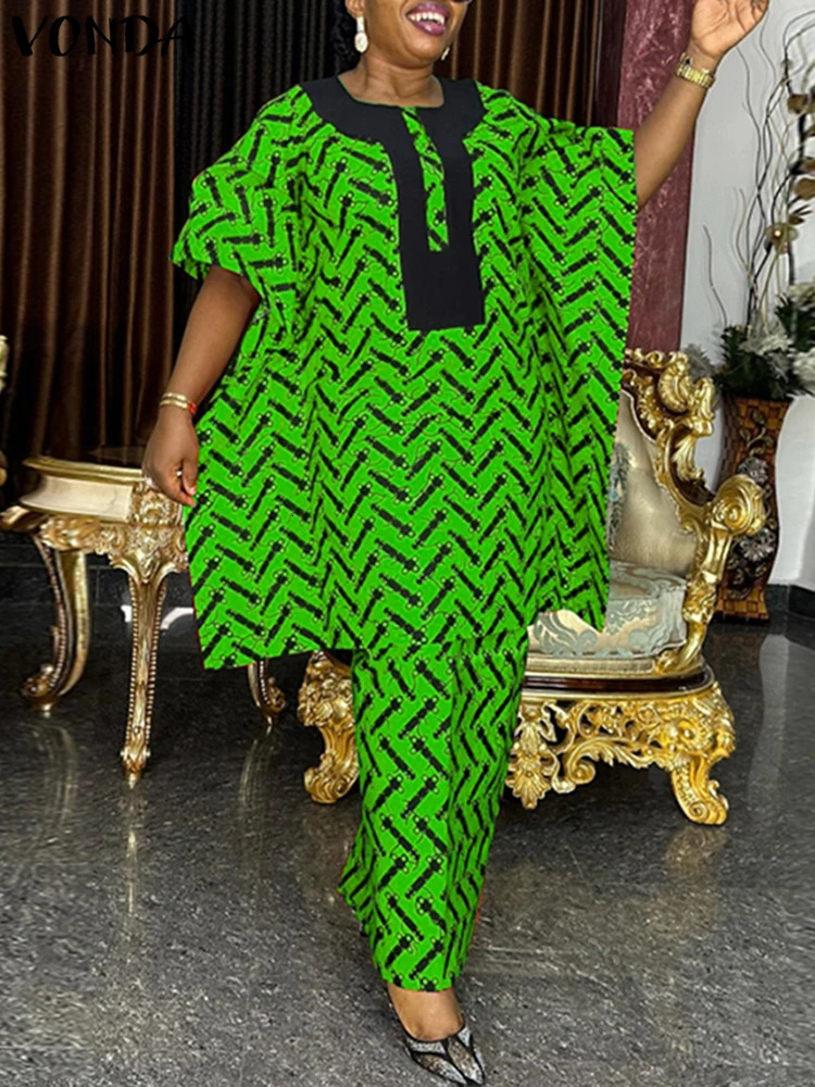 Plus Size 5XL VONDA Women Summer Dress Sets 2024 Half Bat Sleeve Vintage Printed Top Elastic Waist Maxi Suits Matching 2PCS 250122