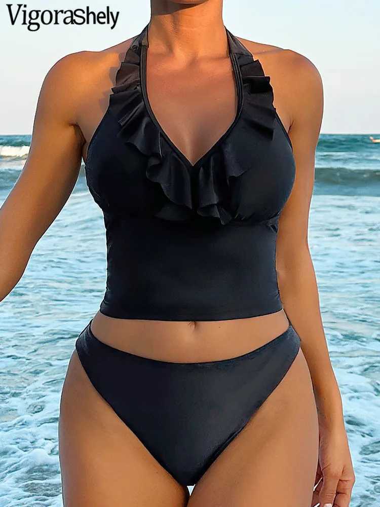 Vigoashely 2025 Sexy Ruffle Halter Bikini Women Solid Push Up Swimsuit Lady Backless Swimwear Backless Summer Beach Bathing SuitXJ250120